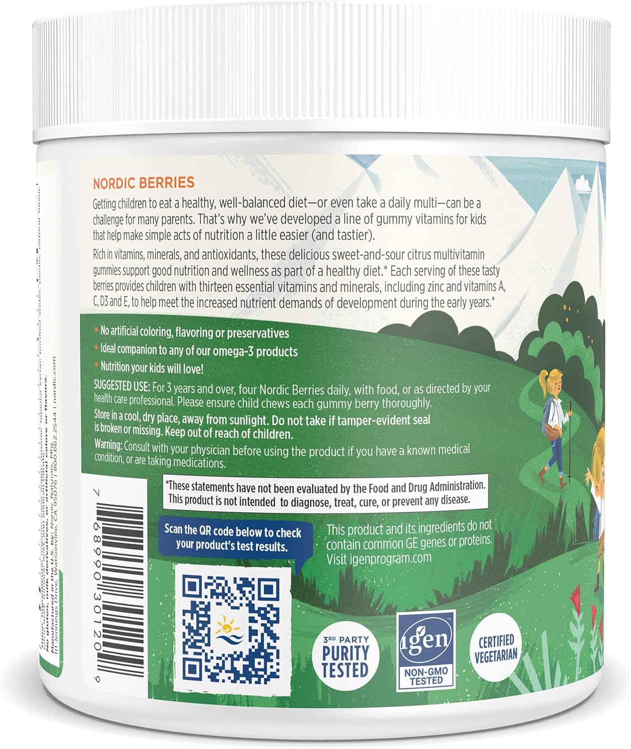 Supplement facts label and usage instructions for Nordic Berries children's gummy vitamins and barcode