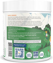 Supplement facts label and usage instructions for Nordic Berries children's gummy vitamins and barcode