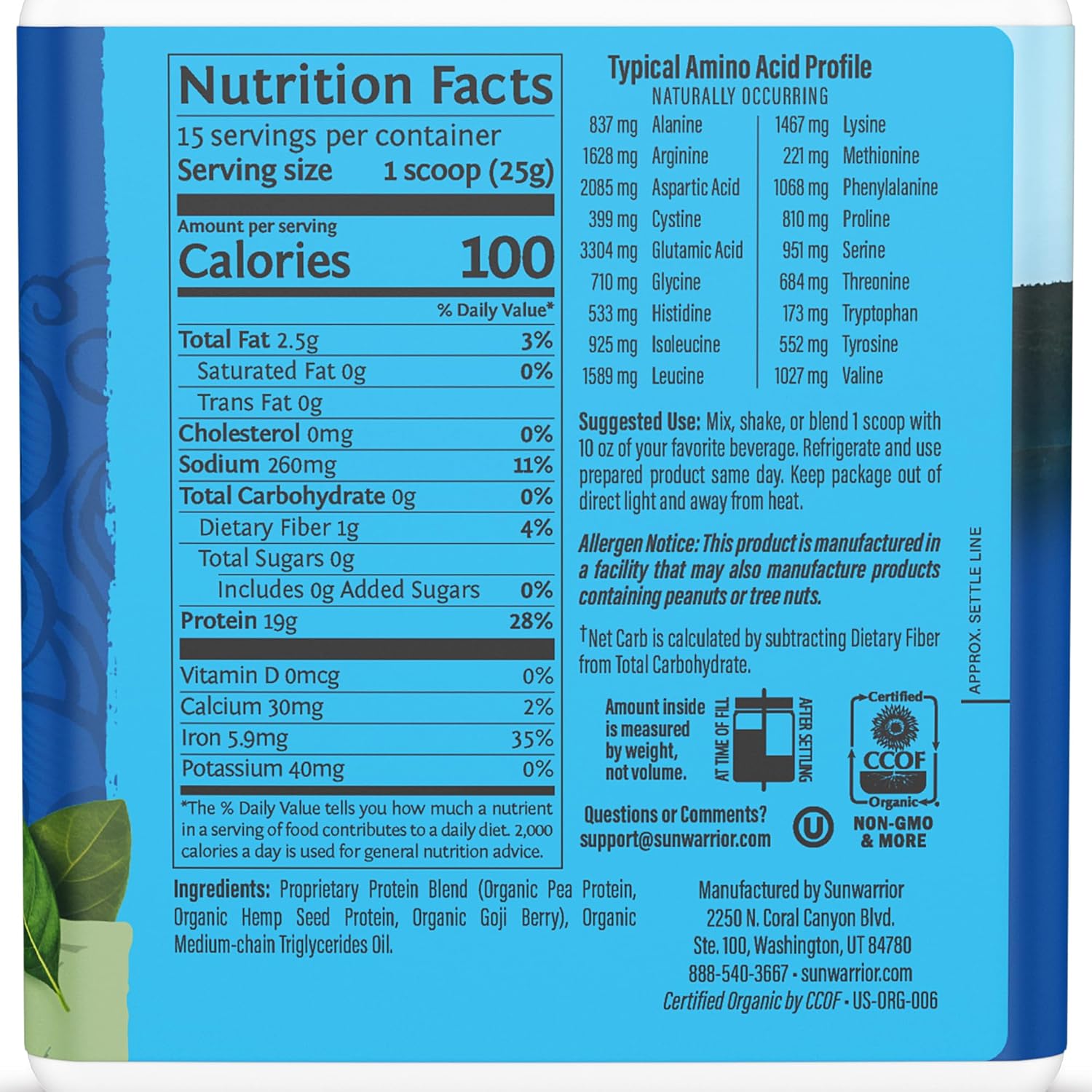 Back of Sunwarrior unflavoured protein powder showing ingredient list.