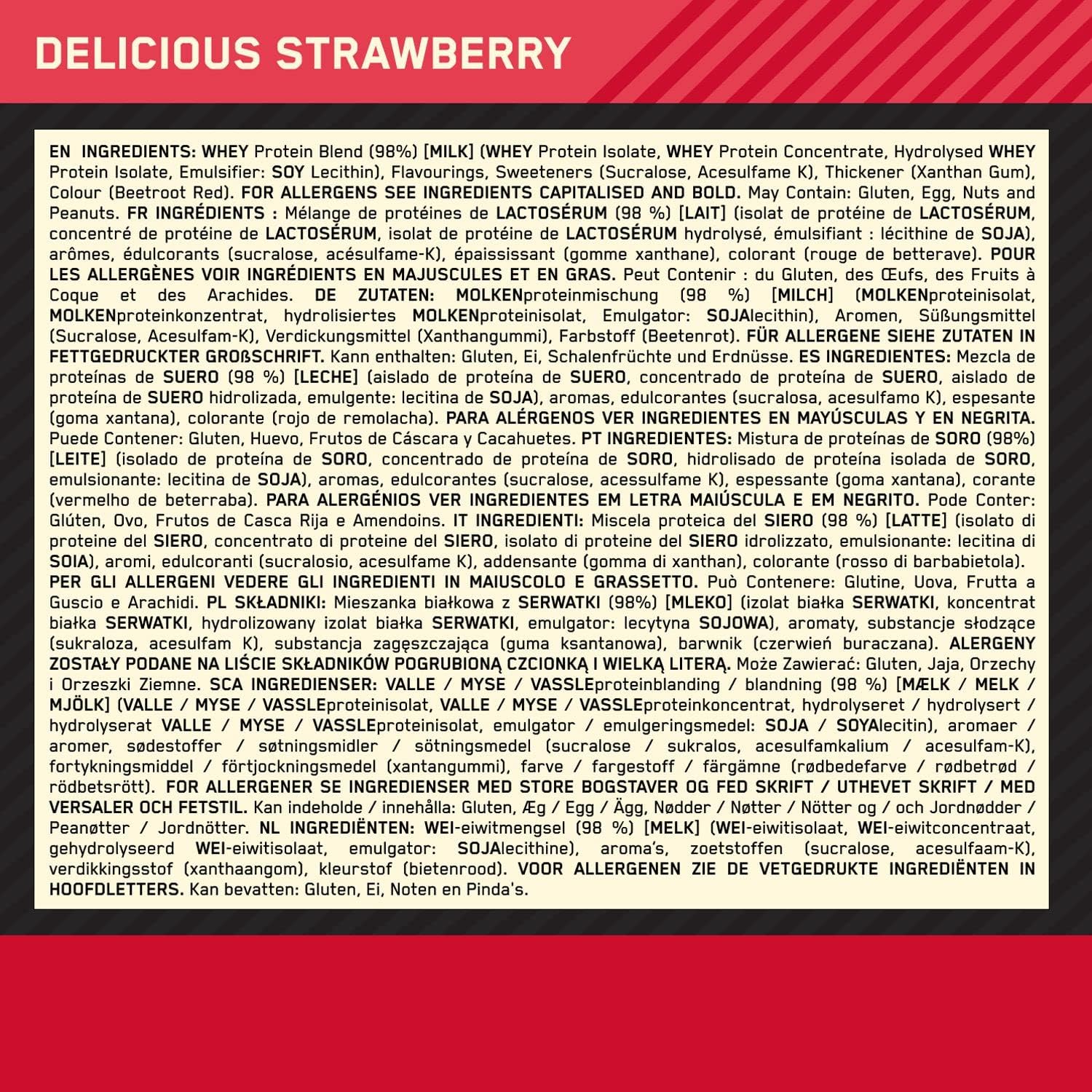 Nutritional information panel for a strawberry-flavored protein product with red border and white background.