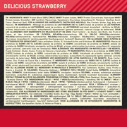 Nutritional information panel for a strawberry-flavored protein product with red border and white background.