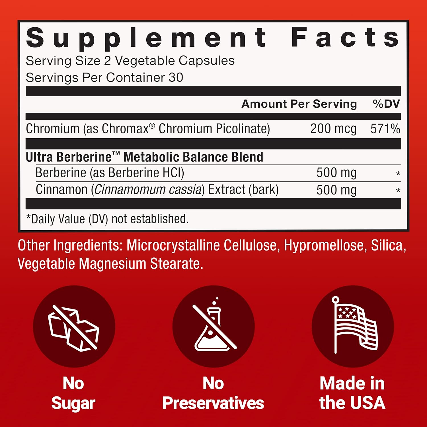 Supplement label with facts and ingredients on a red background