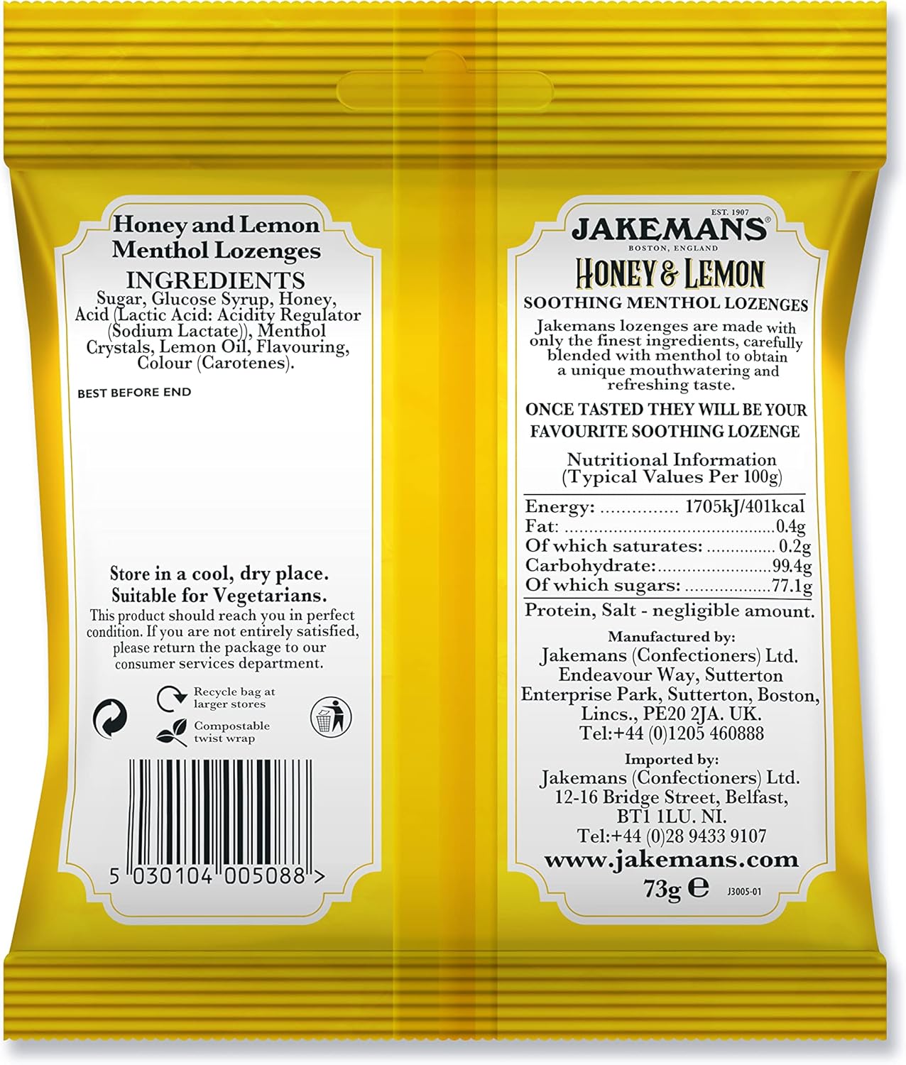 Jakemans Honey & Lemon Menthol Lozenges bag packaging honey lemon flavour 12 x 73g ingredients, barcode and product information panel