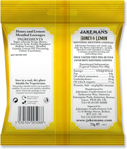 Jakemans Honey & Lemon Soothing Menthol Lozenges, bag packaging, honey and lemon flavour, 73g, ingredients information & barcode