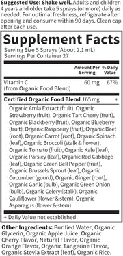 Supplement facts and organic ingredients list for Vitamin C Spray.