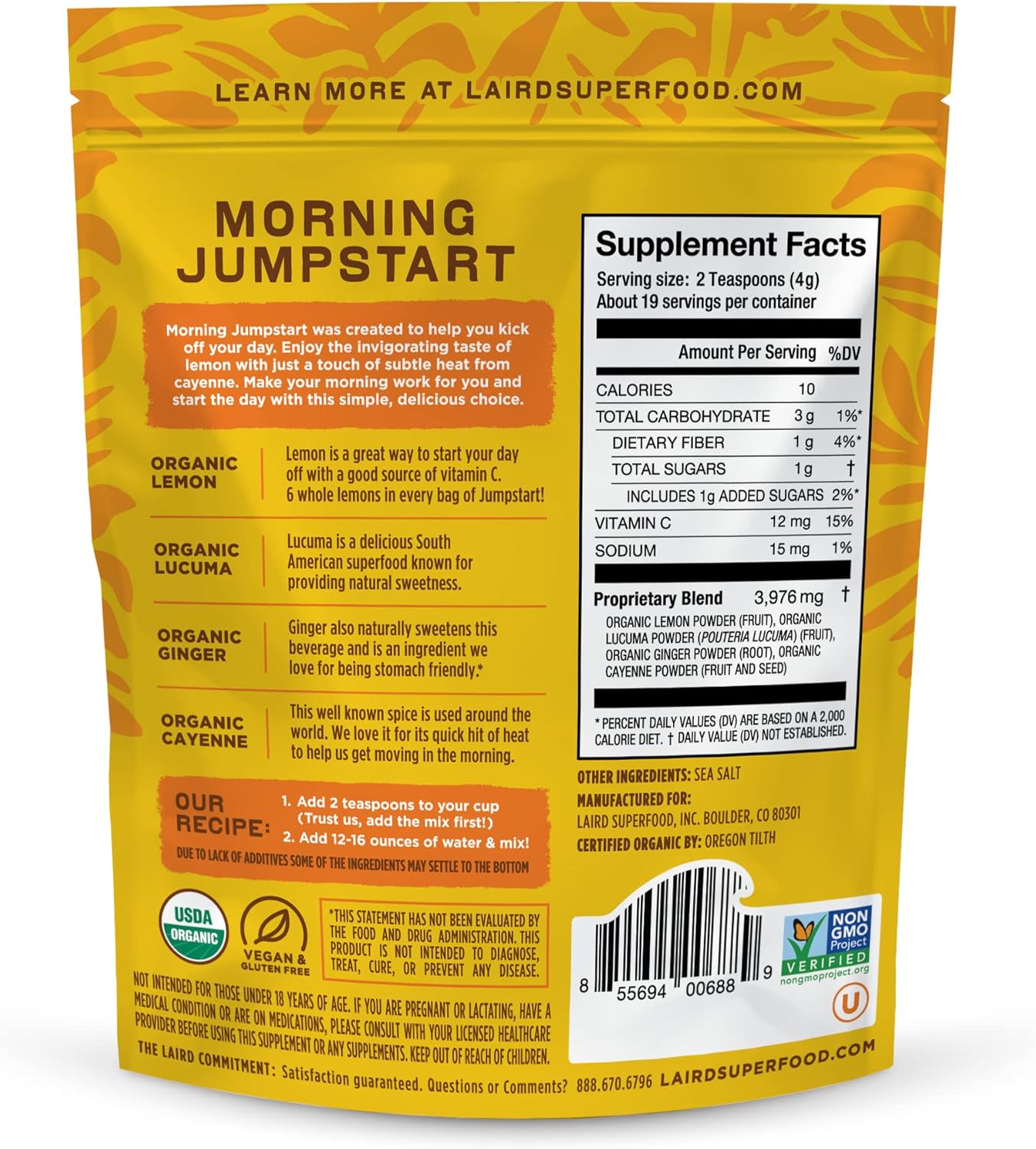 Laird Superfood Morning Jumpstart ingredients, barcode & nutrition facts label 77g on white background