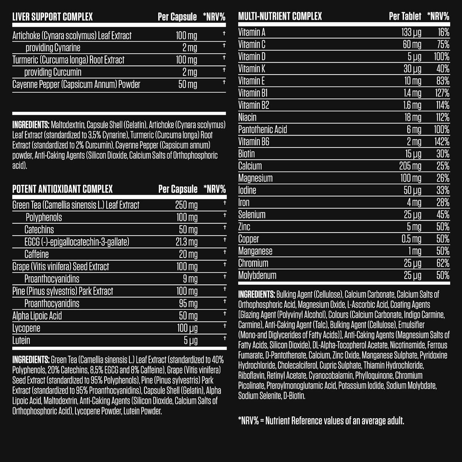 Nutritional supplement label with detailed ingredient lists and nutrient reference values on a black background.