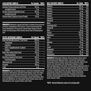 Nutritional supplement label with detailed ingredient lists and nutrient reference values on a black background.