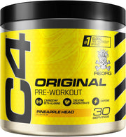 C4 Original pre-workout supplement container with yellow and black design