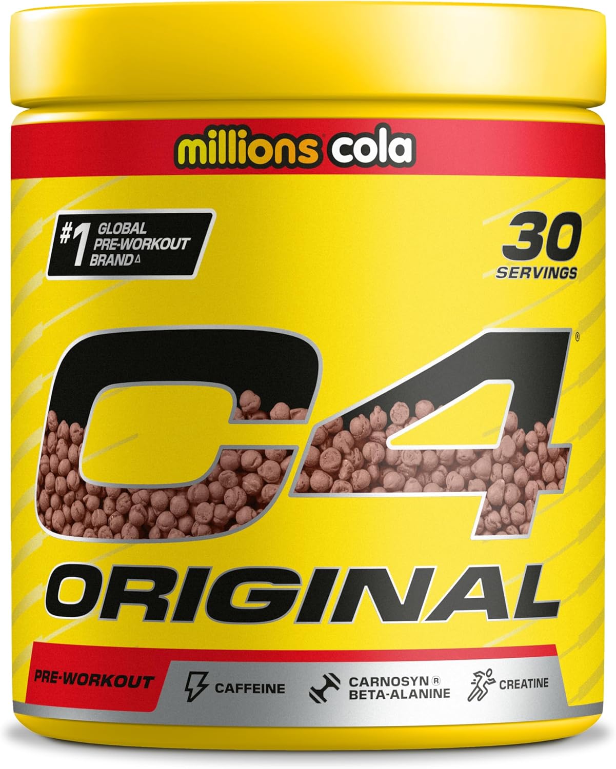 Yellow container of C4 Original pre-workout supplement with 'millions cola' branding.