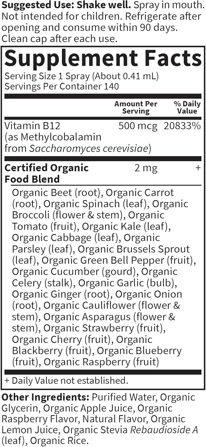 Ingredients, supplements and dosage for organic B12 liquid spray.