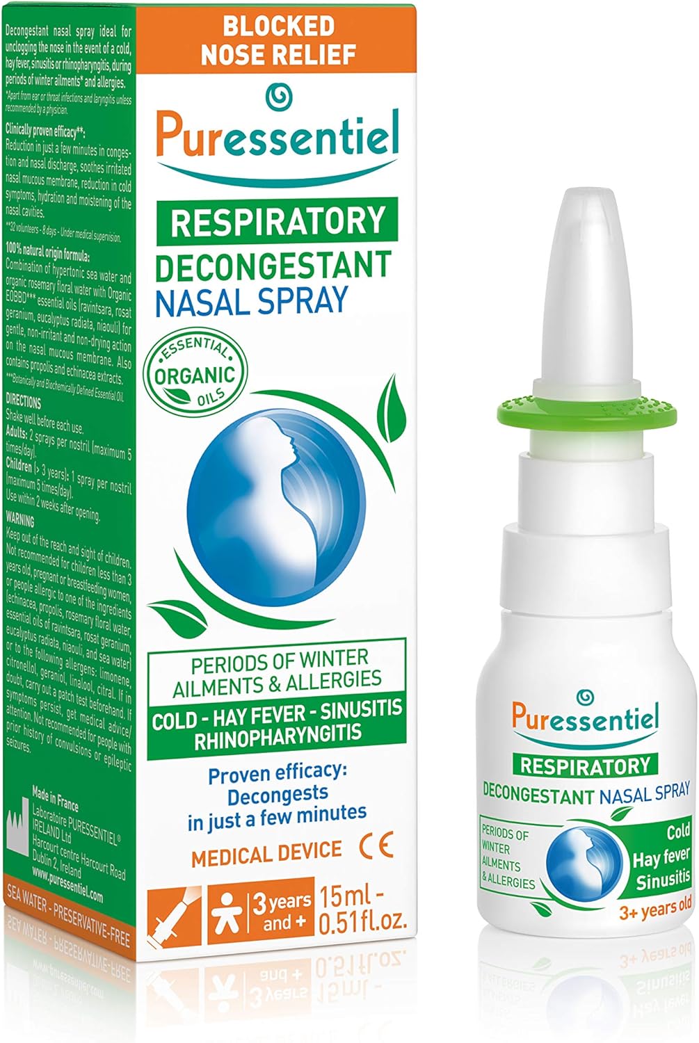 Puressentiel Organic Nasal Spray box & bottle, 15ml, for adults and kids 3+.
