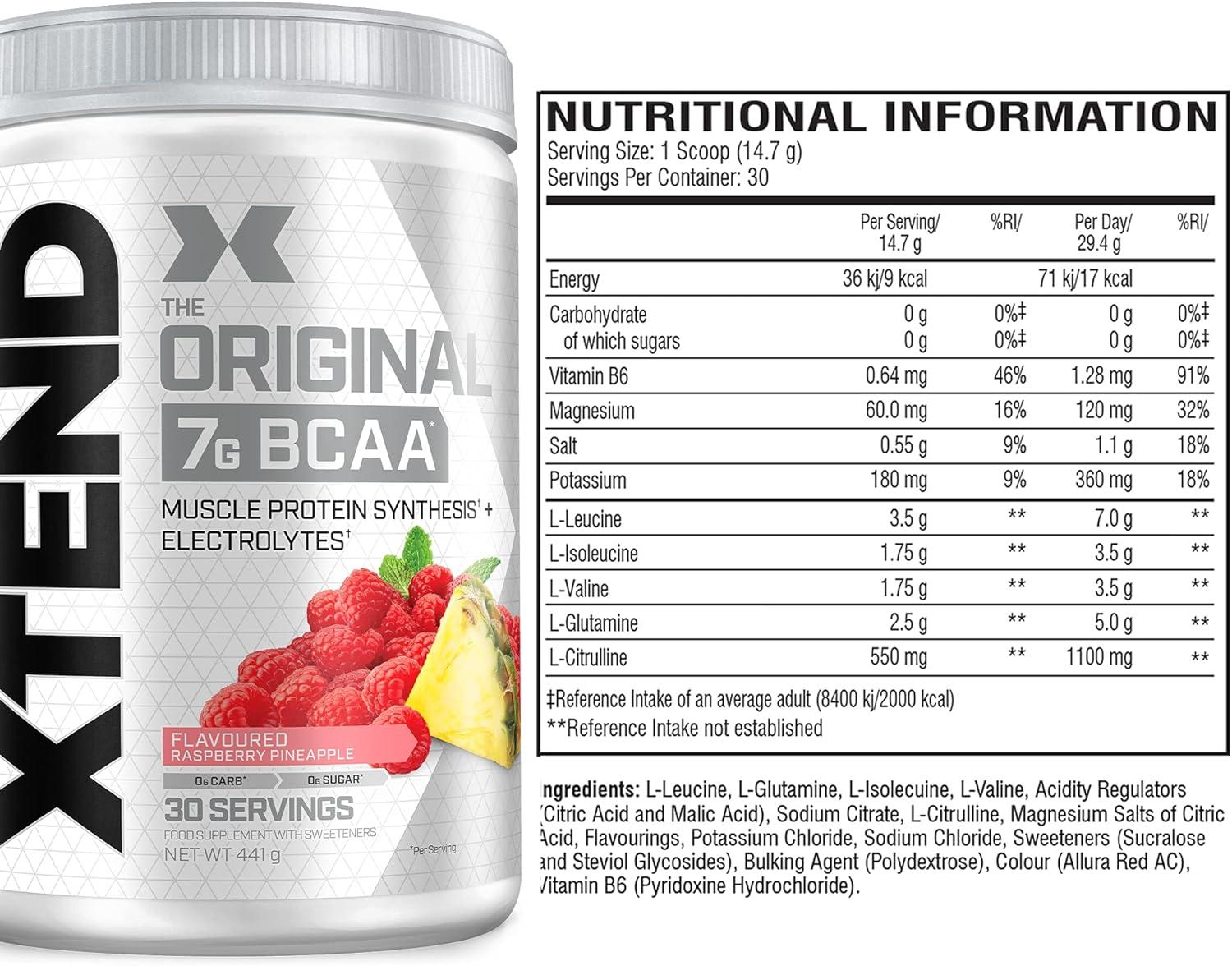 Supplement facts & ingredients image: XTEND Original BCAA Powder Raspberry Pineapple supplement facts ingredients tub powder 441g 30 servings