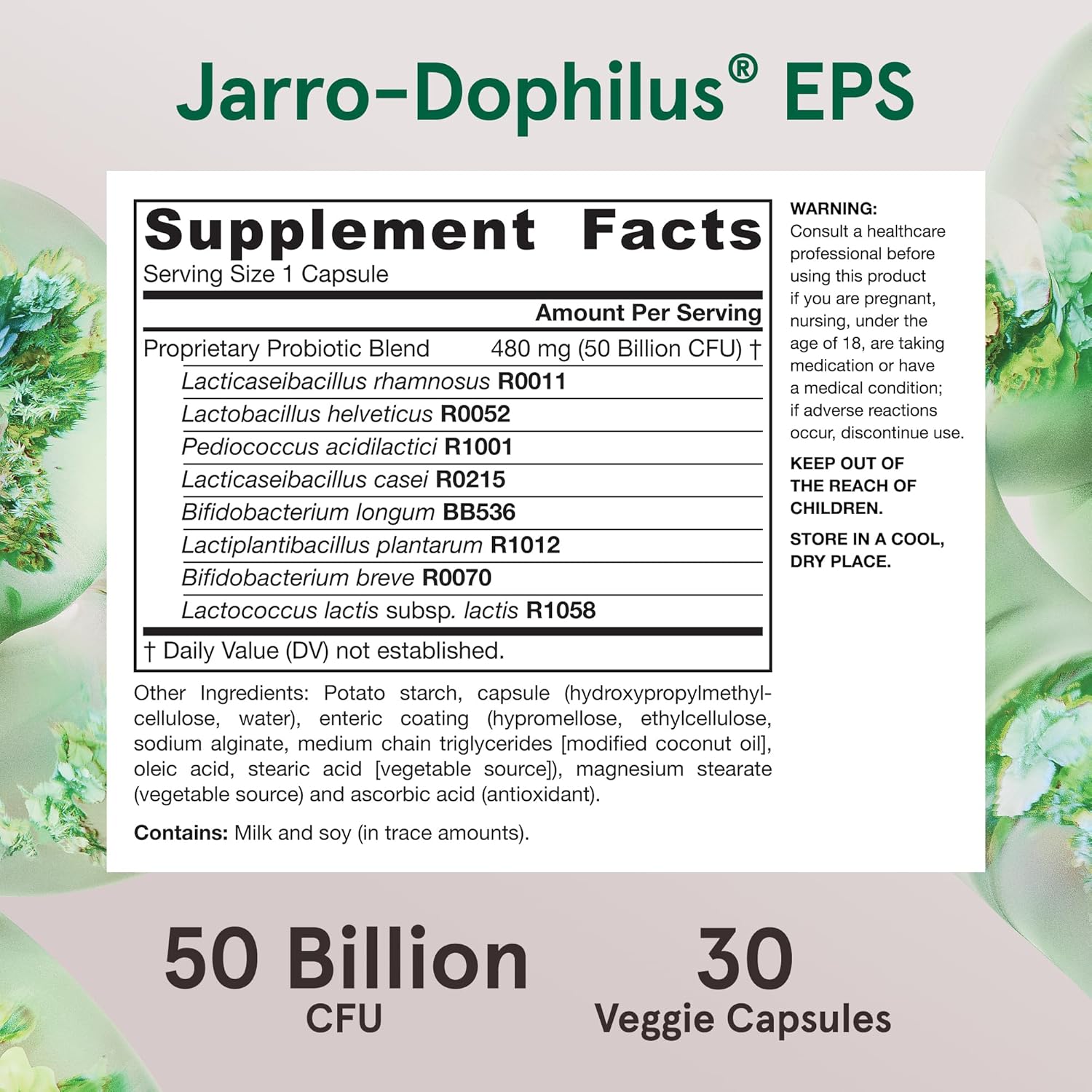 Supplement Facts Image: Jarrow Formulas Jarro Dophilus EPS 50 billion CFU probiotic supplement facts and ingredients 30 capsules