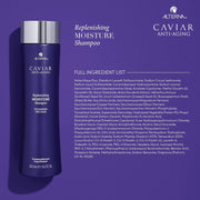Back of Alterna CAVIAR Shampoo bottle showing ingredients and usage instructions.