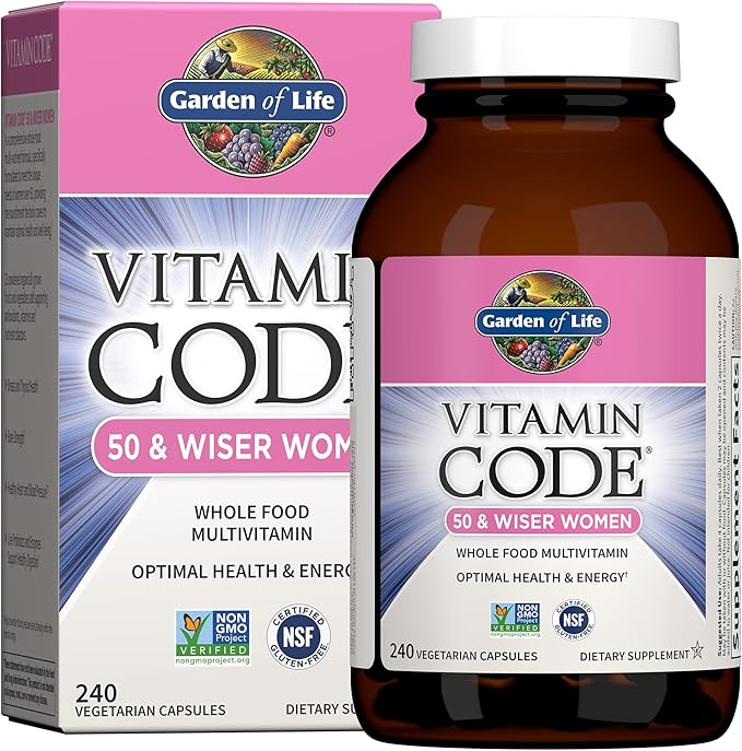 Garden of Life Vitamin Code Raw Multivitamin for Women 50 Plus bottle & box on white background. 240 Count