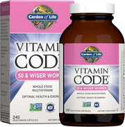 Garden of Life Vitamin Code Raw Multivitamin for Women 50 Plus bottle & box on white background. 240 Count