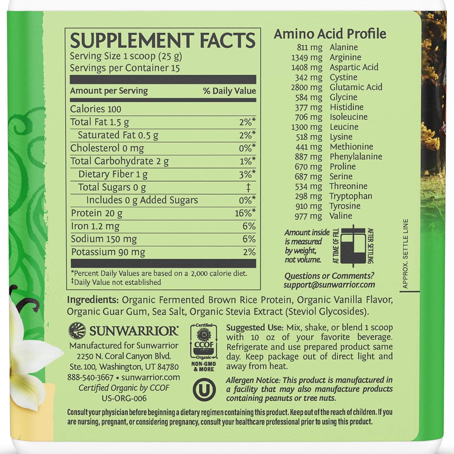 Supplement Facts: Ingredients and nutrition info for Sunwarrior Vanilla Brown Rice Protein