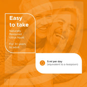 Orange background with a child and adult laughing, featuring text about a naturally flavored citrus liquid.