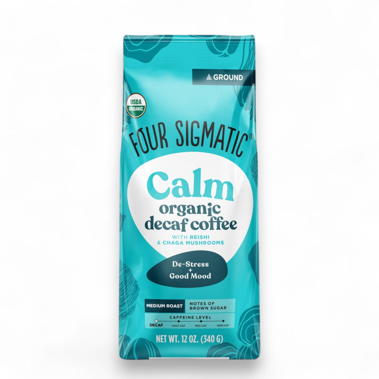 Four Sigmatic Organic Decaf Ground Coffee 340g front packaging on white background