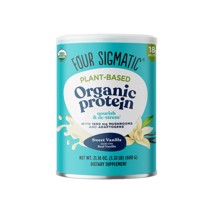 Four Sigmatic plant-based organic protein canister on a light beige background