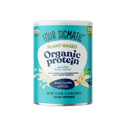 Four Sigmatic plant-based organic protein canister on a light beige background