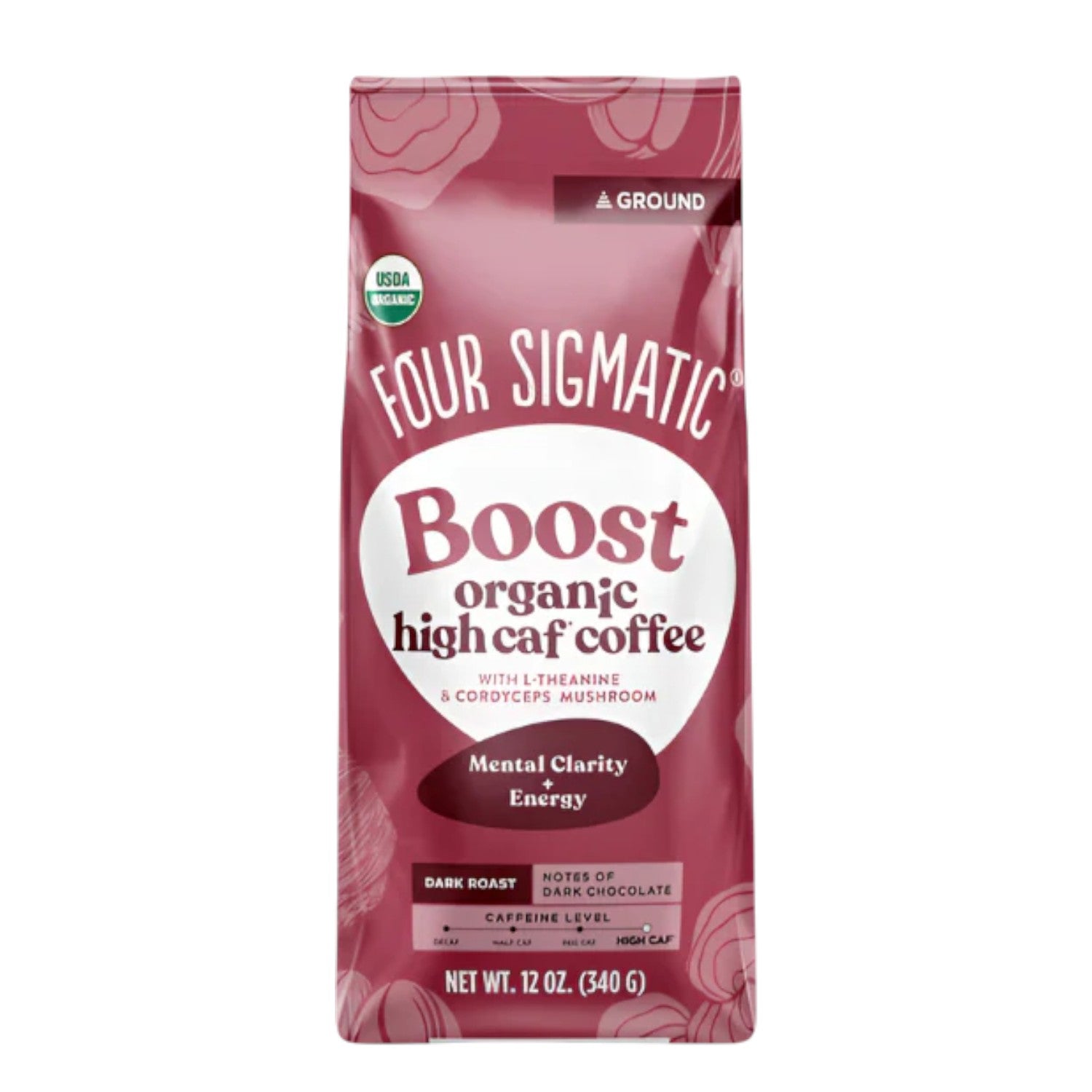 Four Sigmatic Organic High Caf Ground Coffee Dark Roast 340g,  front packaging on white background