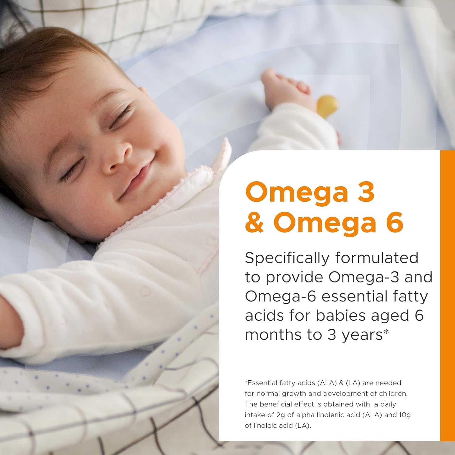 Baby lying down with a product label about Omega 3 and Omega 6 on a white background