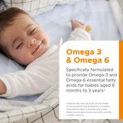 Baby lying down with a product label about Omega 3 and Omega 6 on a white background