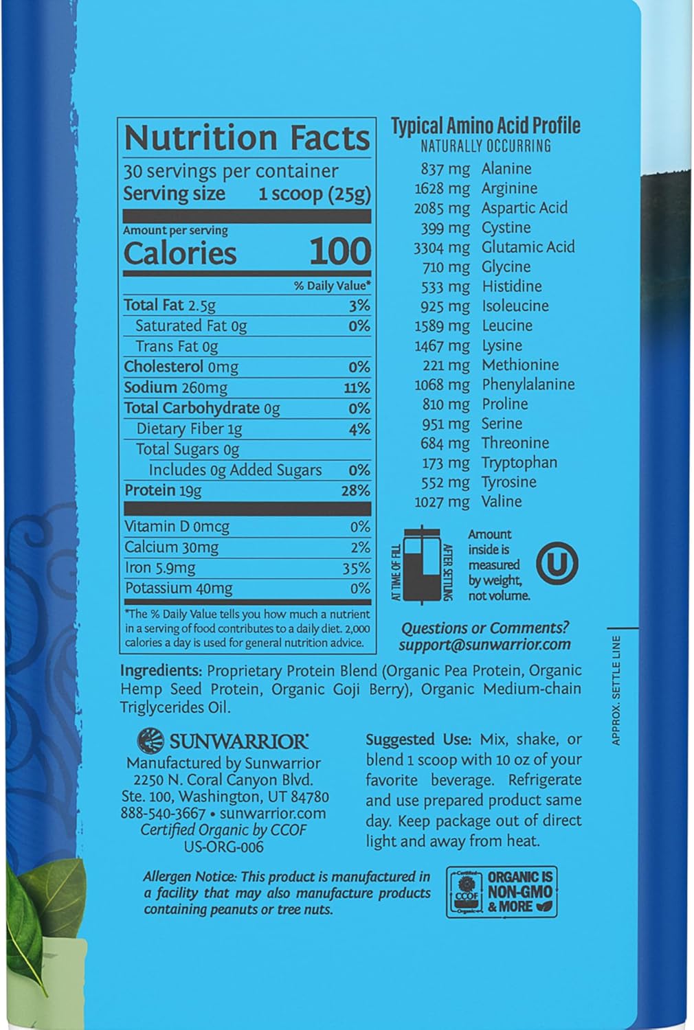 Back of Sunwarrior unflavoured protein powder showing ingredient list.