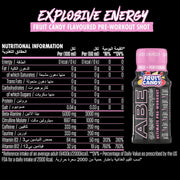Pre-workout shot packaging with nutritional information on a black background