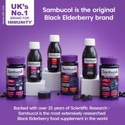 Sambucol black elderberry products on a purple background with branding and text about immunity support.