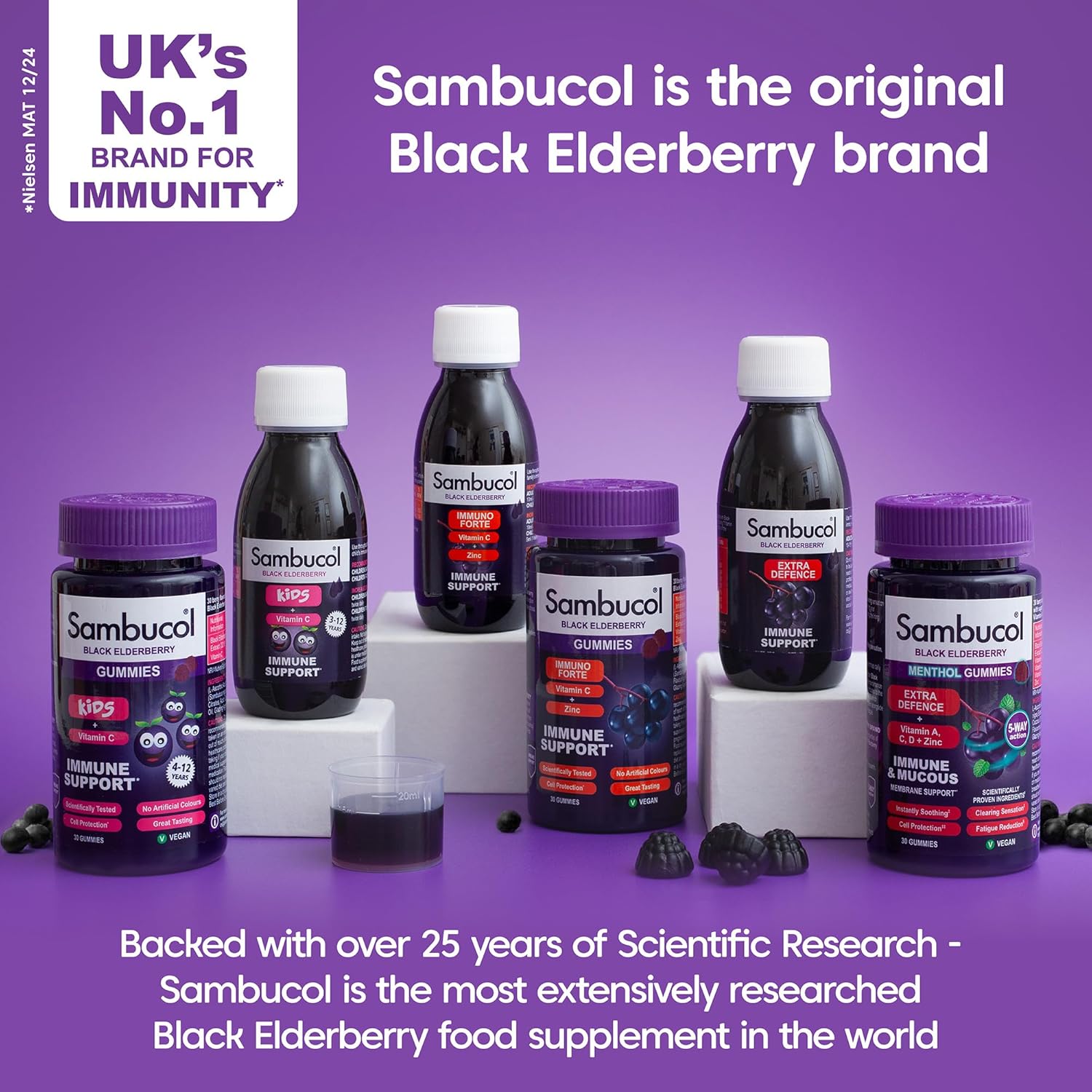 Sambucol black elderberry products on a purple background with branding and text about immunity support.