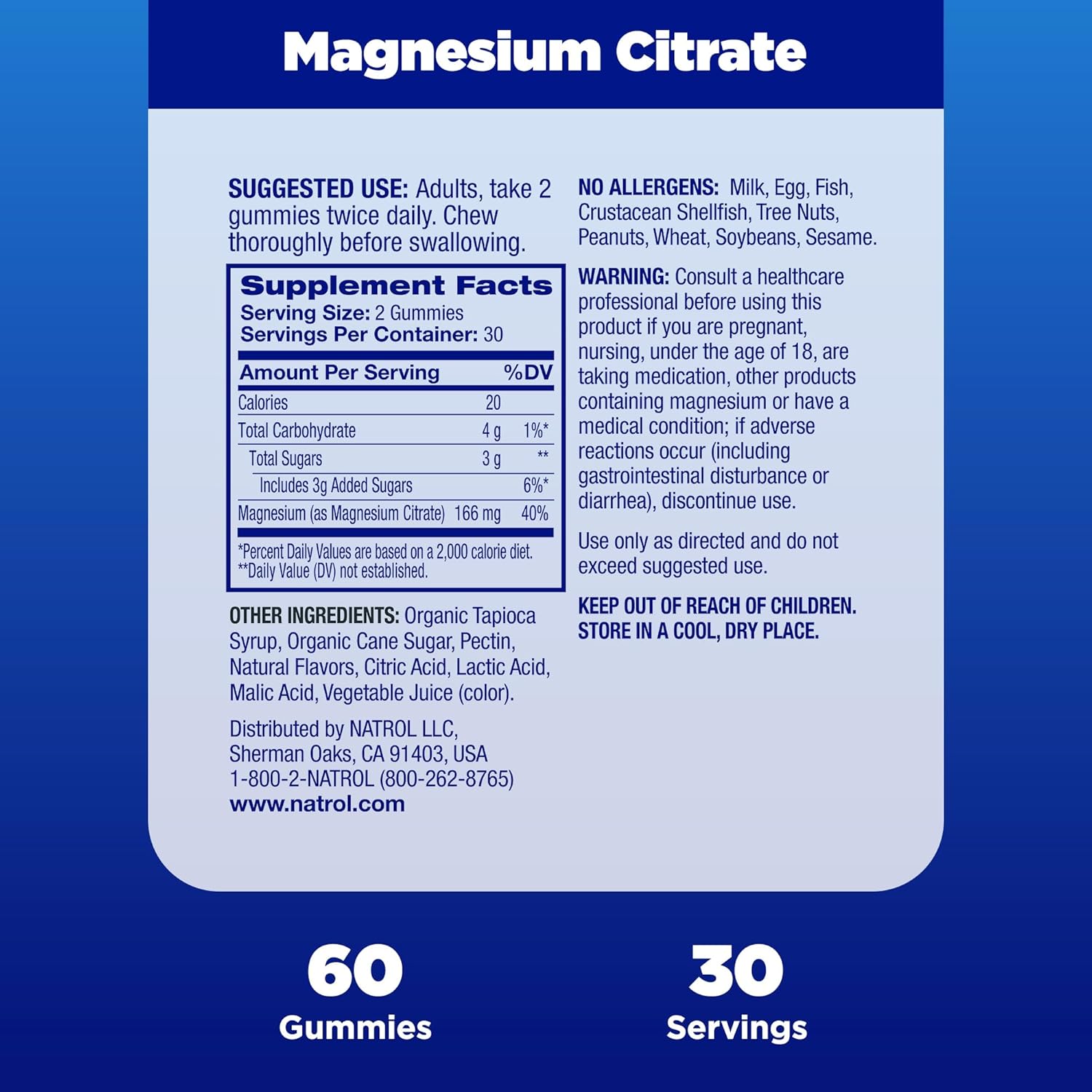 Natrol Magnesium Citrate supplement facts label bottle 60 gummies