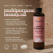Fushi organic sweet almond oil bottle with product details on a brown background