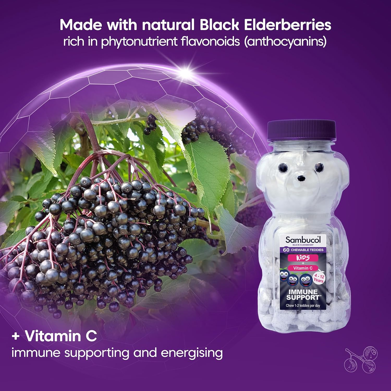 Bears with Sambucol label next to black elderberries on a purple background