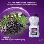 Bears with Sambucol label next to black elderberries on a purple background