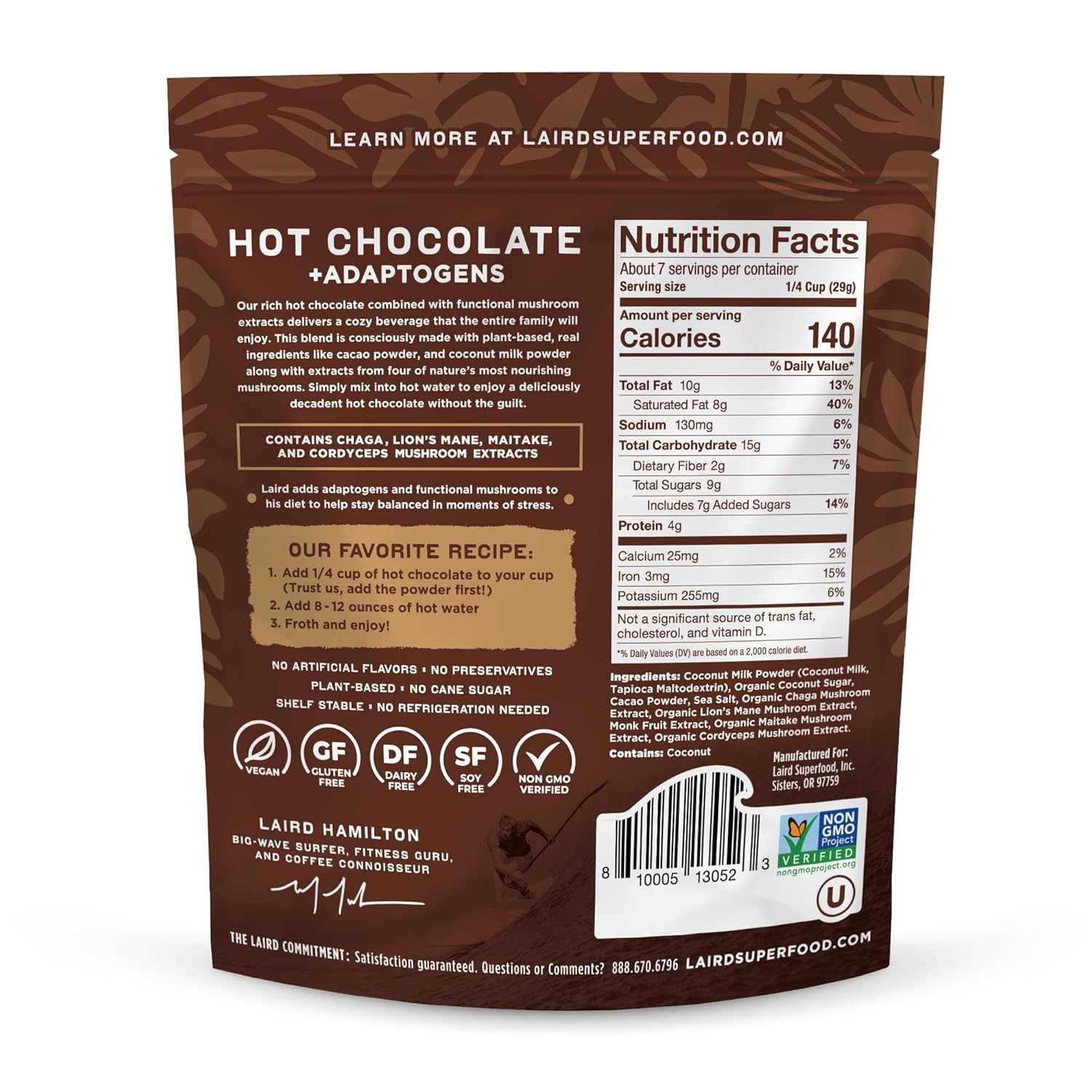 Laird Superfood hot chocolate barcode & ingredients 227g on white background