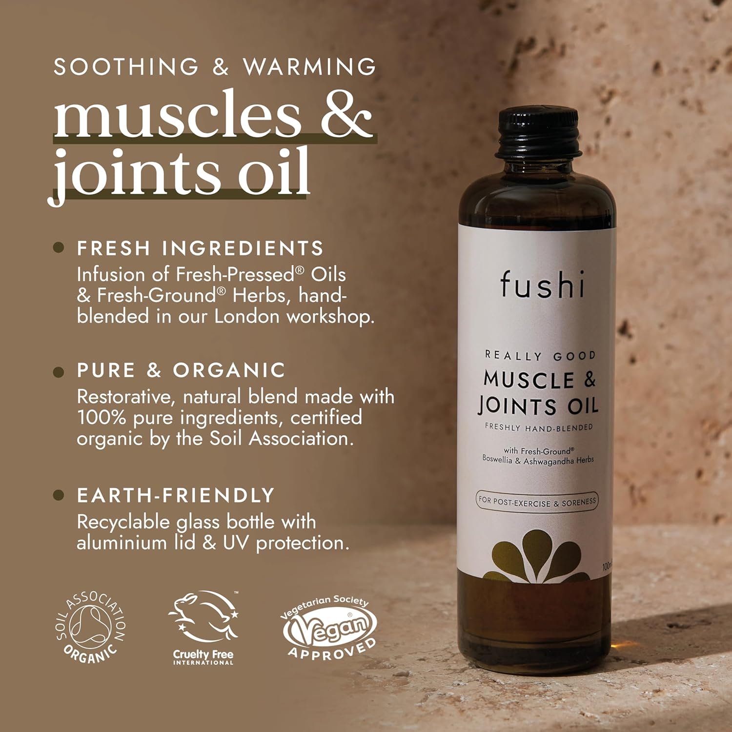 Fushi Muscle & Joints Oil bottle with product details on a brown background