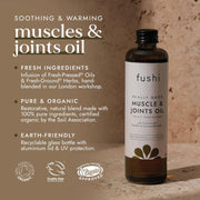 Fushi Muscle & Joints Oil bottle with product details on a brown background