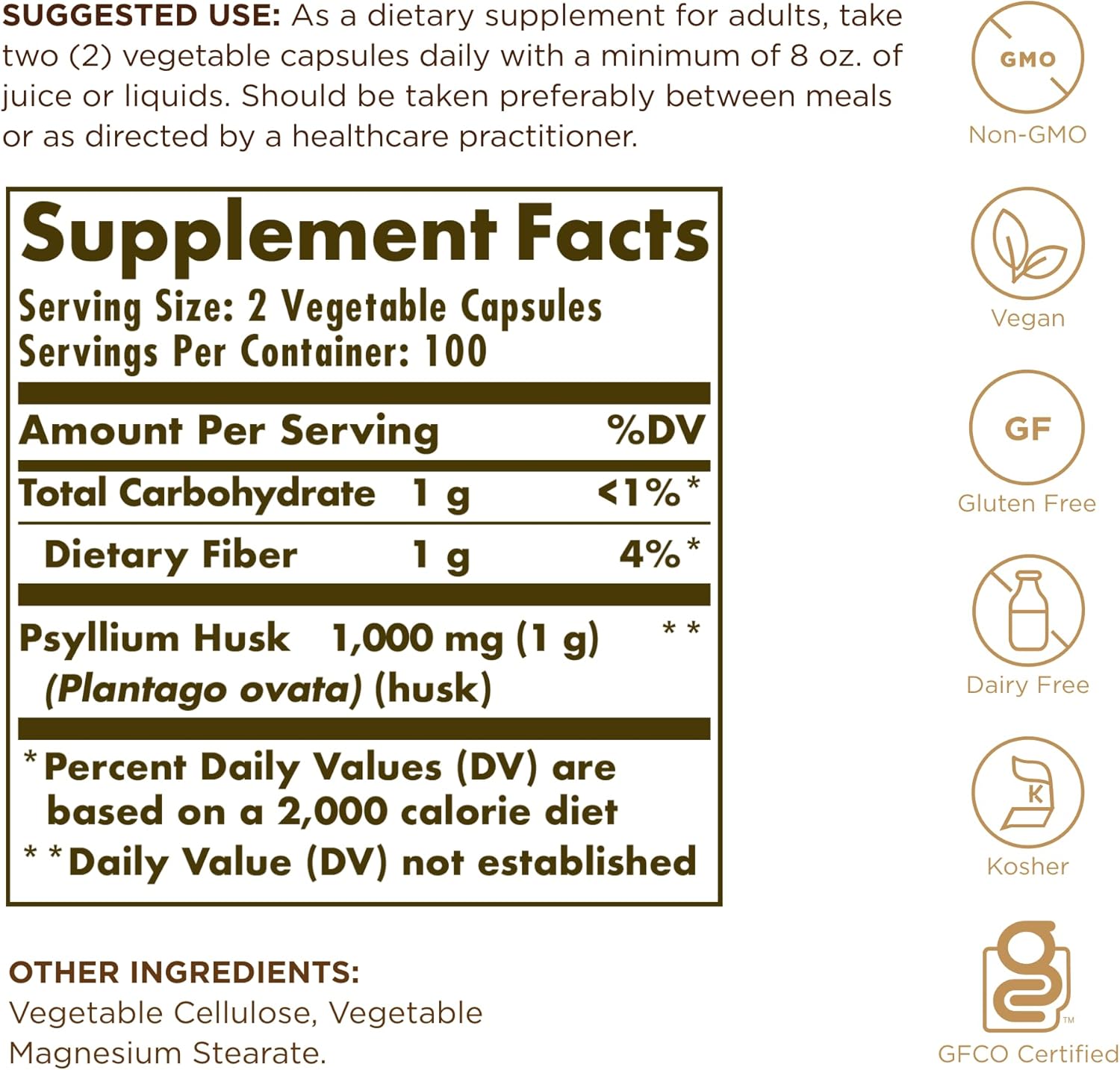 Solgar Psyllium Husks Fiber 500mg ingredient label vegetable capsules 200 count