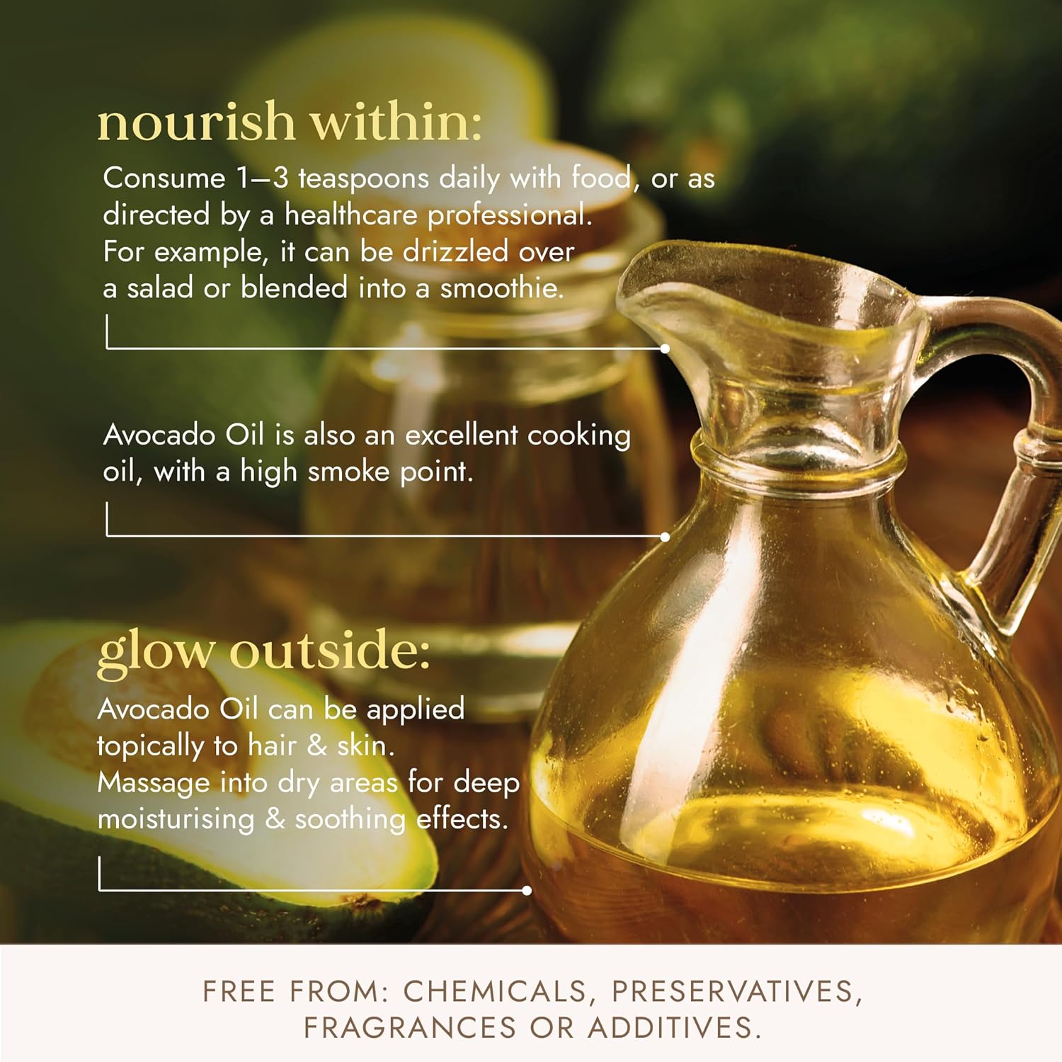 Glass container of avocado oil with text about its uses and benefits