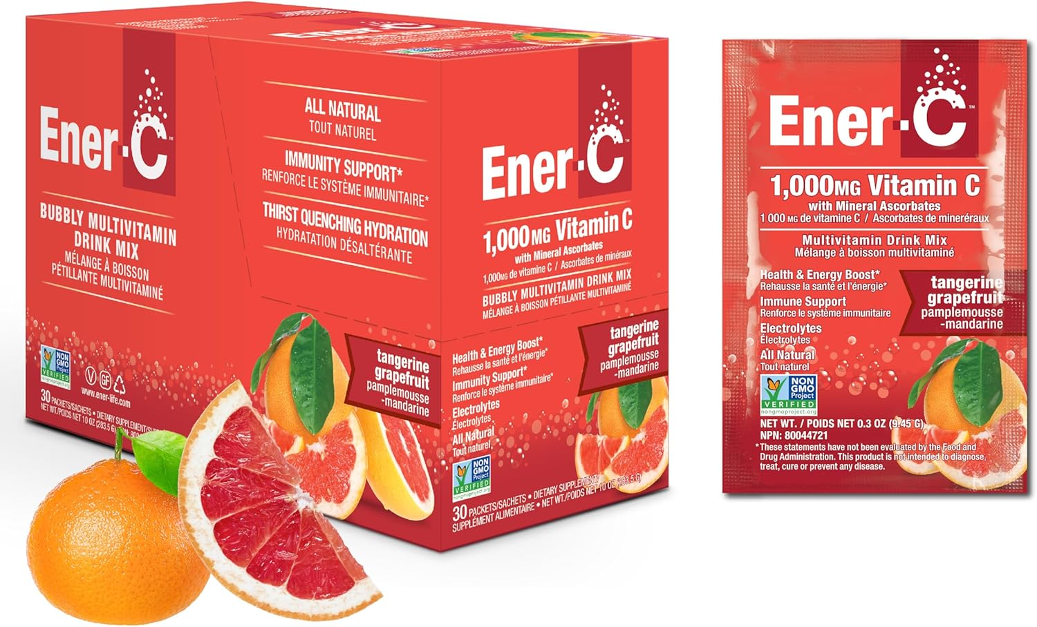 Ener-C Tangerine & Grapefruit vitamin powder mix box front label 30 sachets on white background