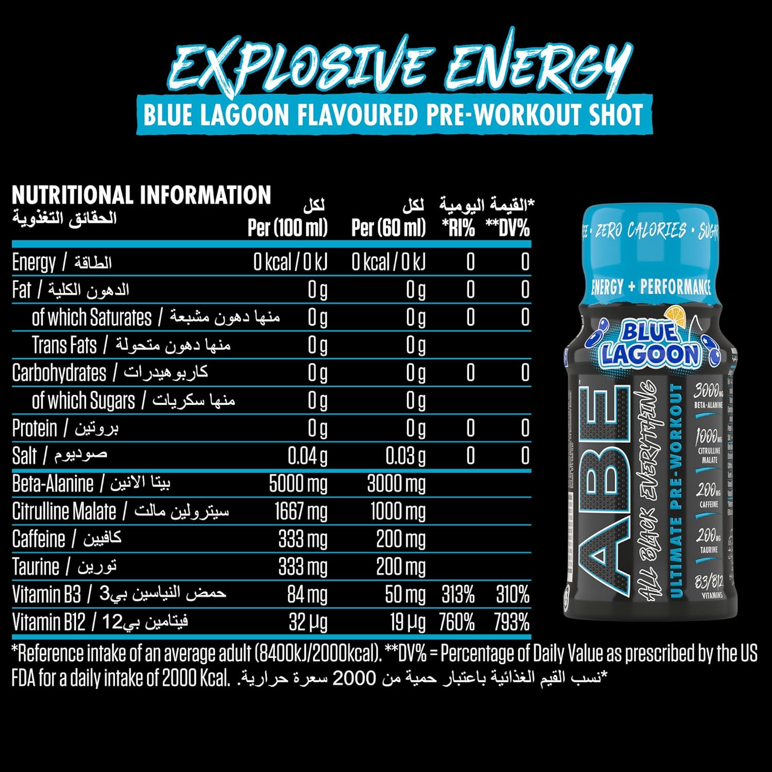 Pre-workout shot packaging with nutritional information and flavor details on a black background