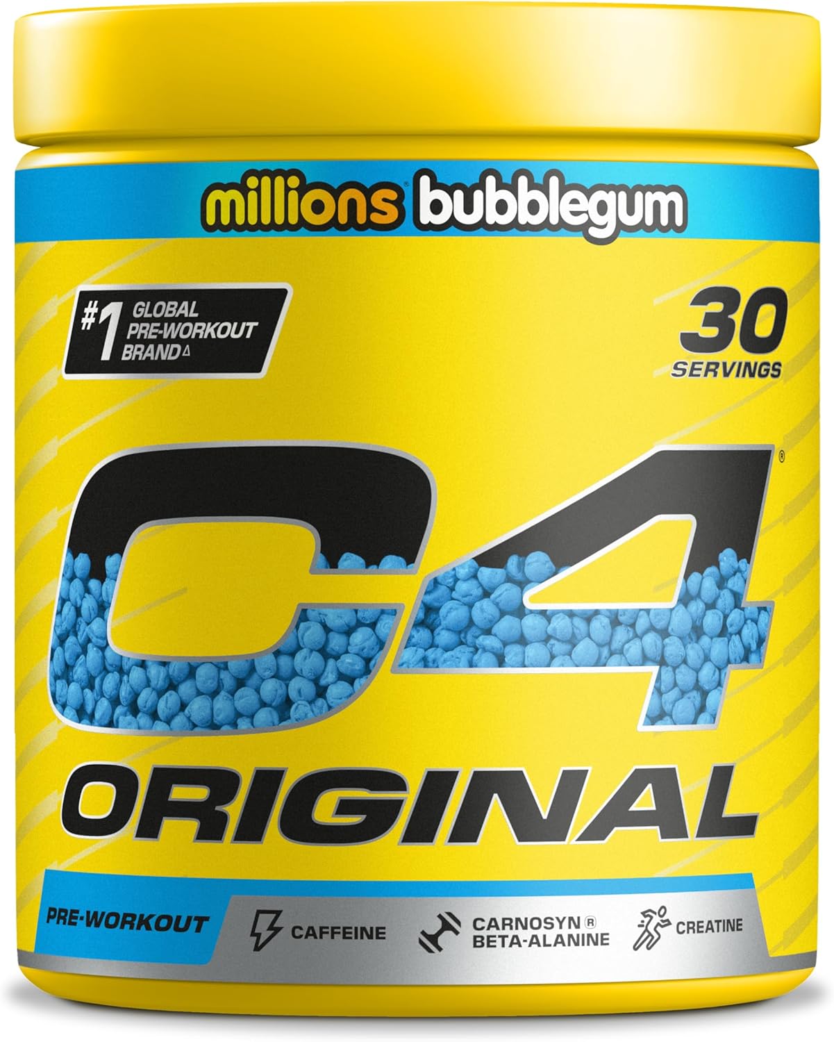 C4 Original pre-workout supplement container with yellow lid and blue body, featuring 'millions bubblegum' flavor.