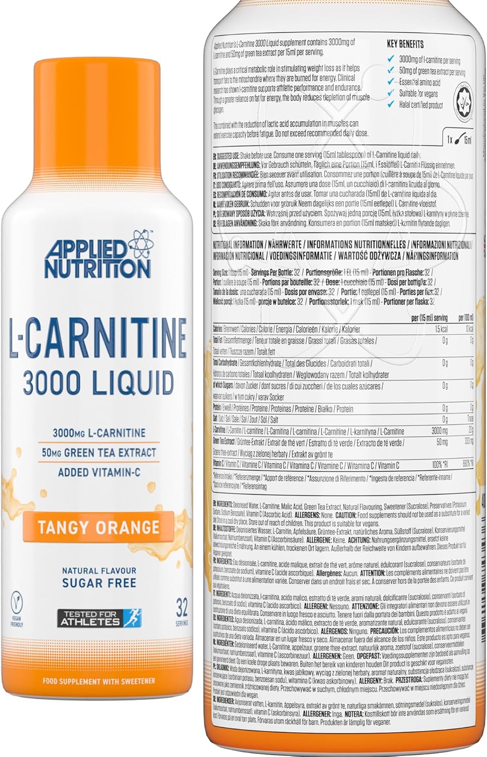 Applied Nutrition L-Carnitine 3000 Tangy Orange 480ml supplement facts label