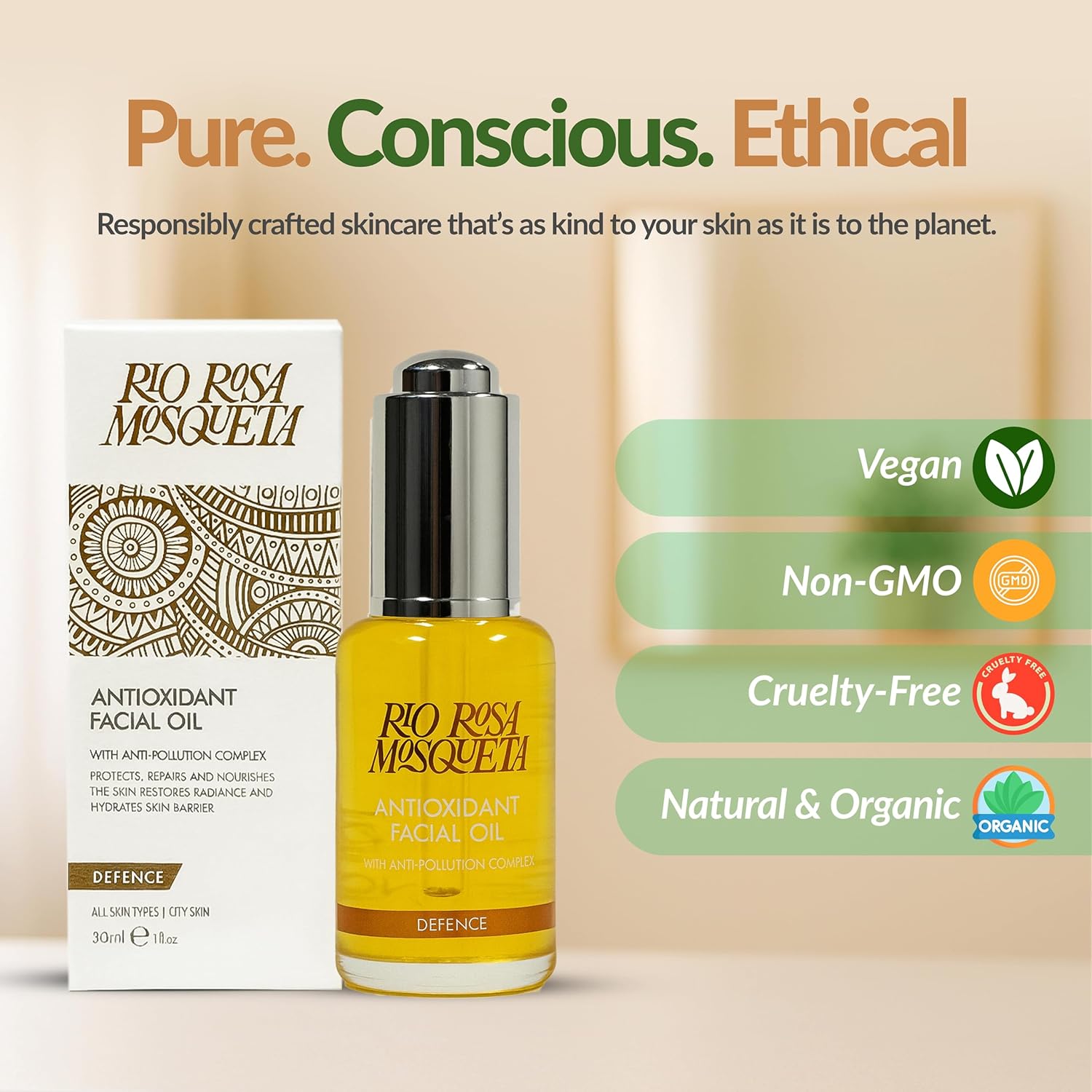 Rio Rosa Mosqueta Antioxidant Facial Oil Defence ingredient information bottle 30ml