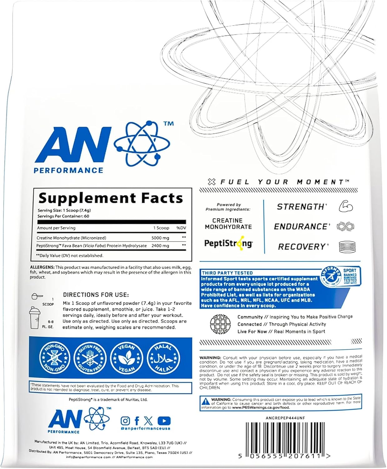 Supplement Facts & Ingredients Image: Applied Nutrition creatine peptide powder ingredients label 444g bag