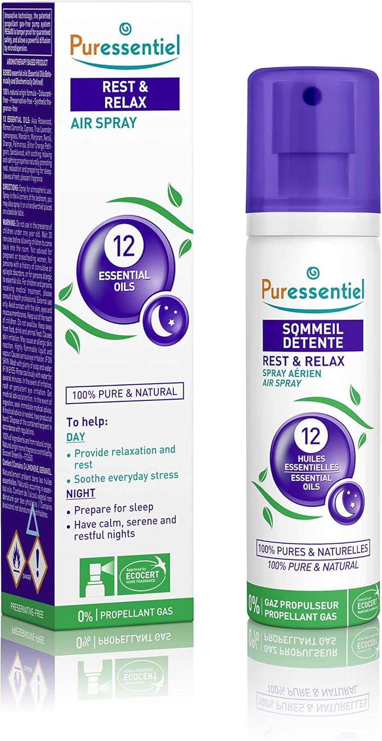 Puressentiel Rest & Relax Air Spray with 12 Essential Oils, 75ml bottle & box.