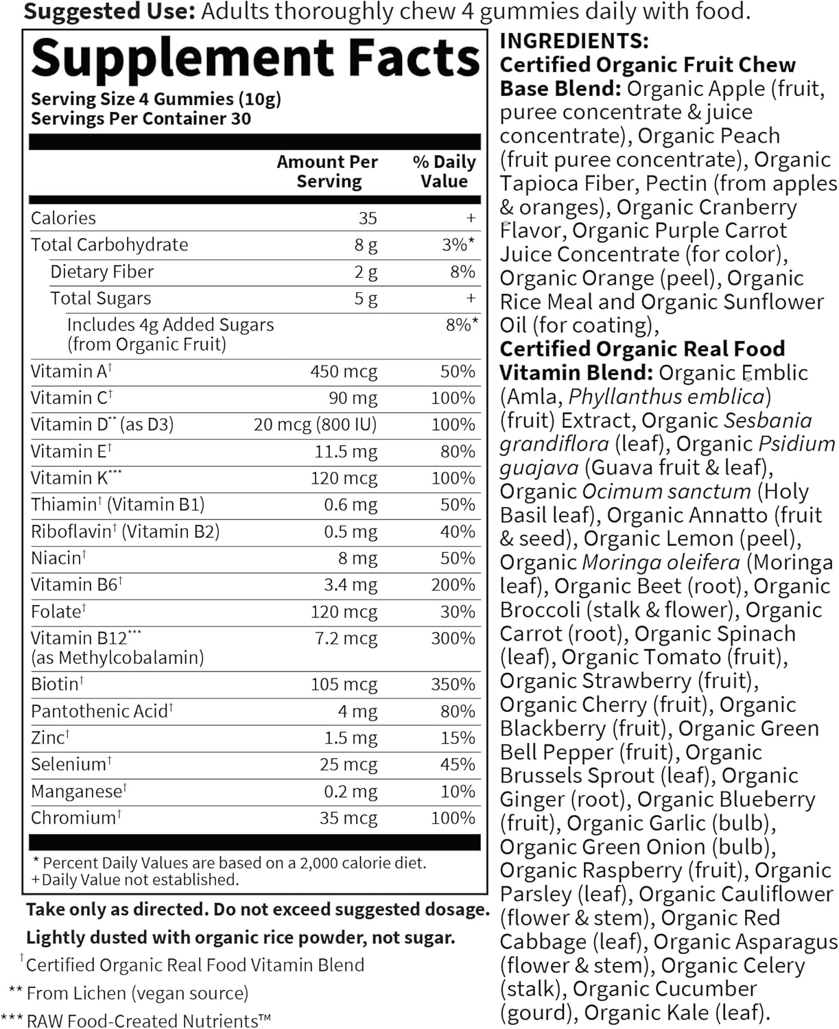 Supplement facts and ingredient list for Organic Men's Gummy Vitamins.